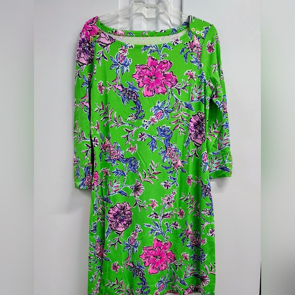 Lilly Pulitzer Kelly Green Boat Neck Midi Shift Sofie Dress Floral Women's Sz L